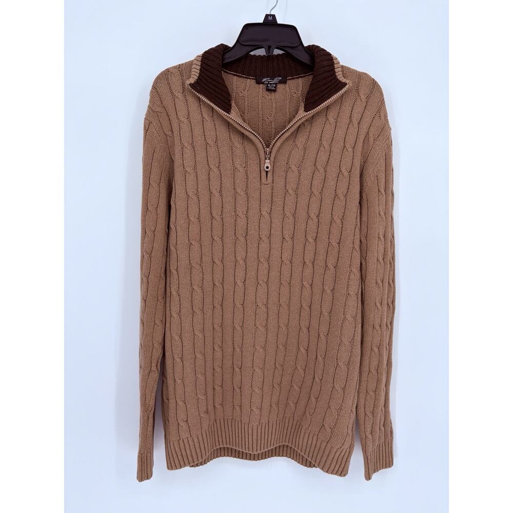 Kani D Los Angeles Cable Knit Quarter Zip Sweater Mens XL Brown Cotton